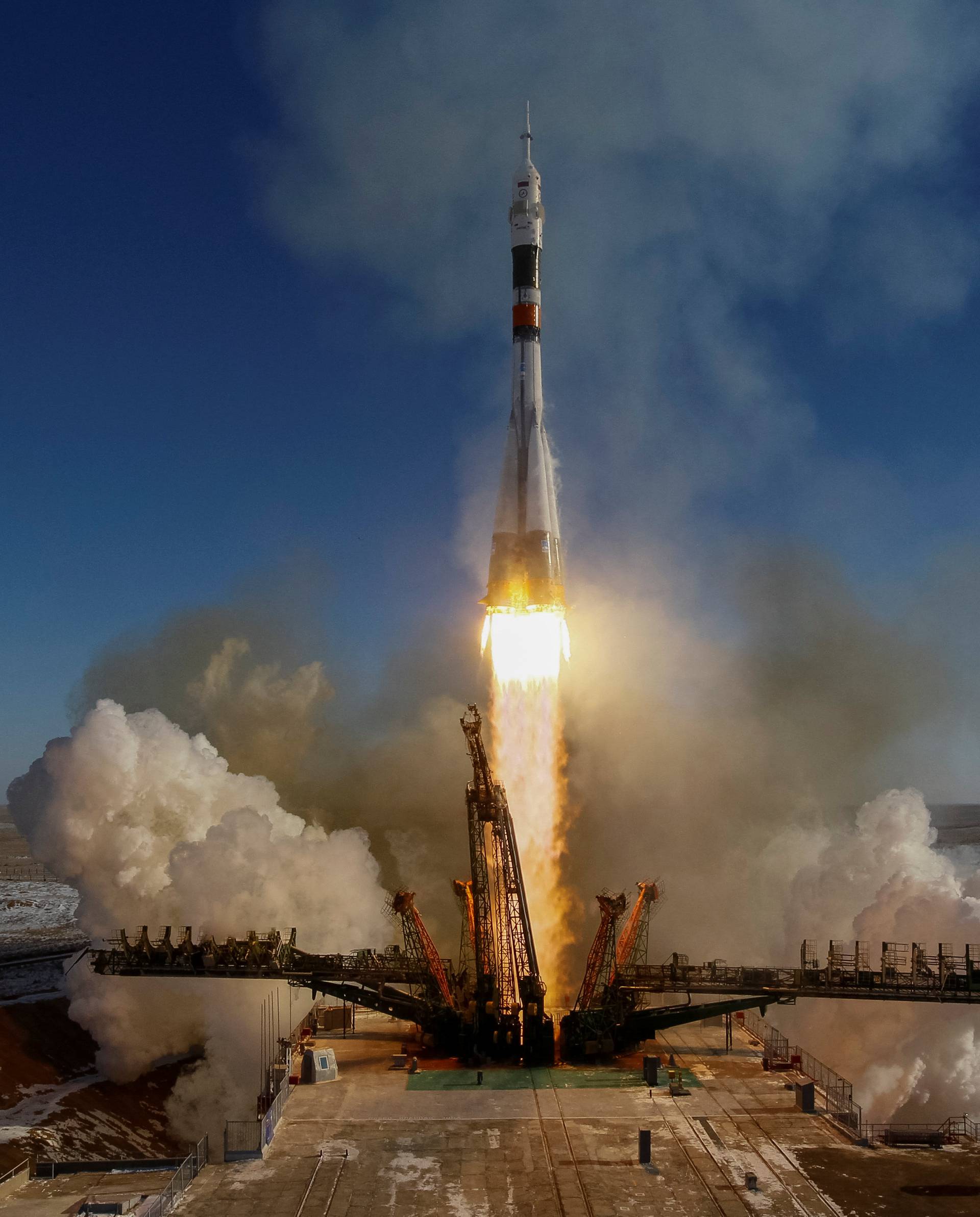 The Soyuz MS-07 spacecraft carrying the next International Space Station (ISS) crew blasts off from the launchpad at the Baikonur Cosmodrome