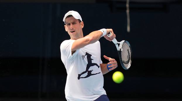 Novak Djokovic practices at Melbourne Park in Melbourne