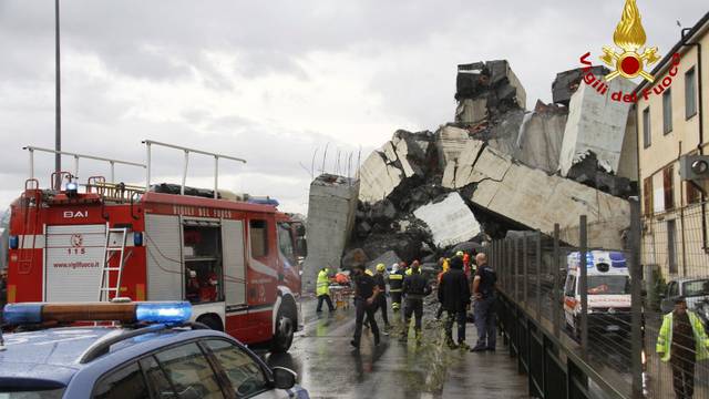 The collapsed Morandi Bridge is seen in the Italian port city of Genoa in this picture released by Italian firefighters