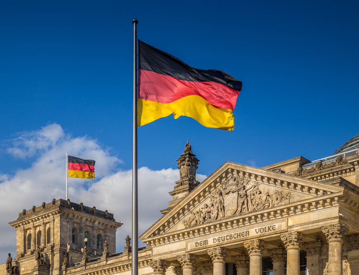 German flags at Reichstag, Berlin, Germany