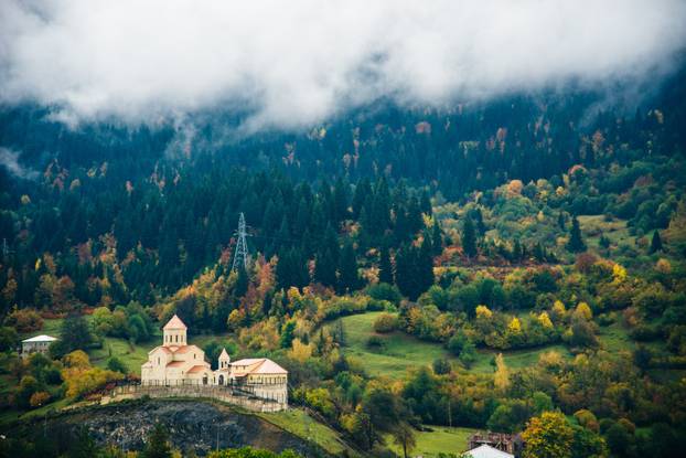 Georgia, Svaneti, Mestia - September 2019 Tourists street in the mountain town of Mestia