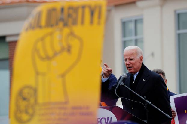 Former U.S. Vice President Joe Biden speaks at a rally with striking Stop & Shop workers in Boston