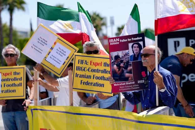 Protest ahead of Iran's first match during the FIFA World Cup 2026, near SoFi Stadium