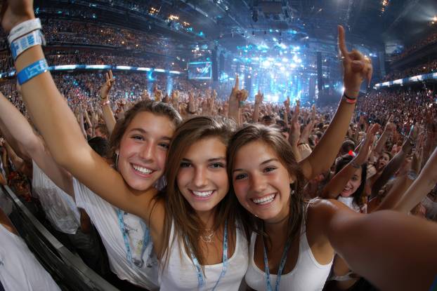 Three Girls Cheer at a Concert with Crowd Behind