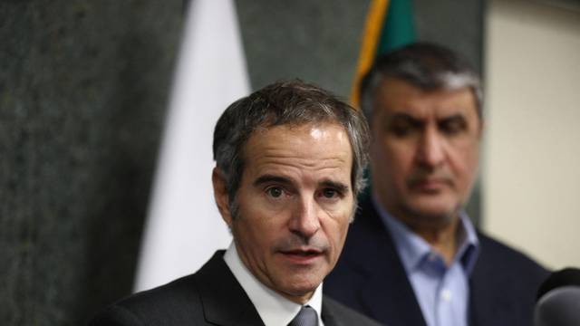 International Atomic Energy Agency (IAEA) Director General Rafael Mariano Grossi looks on during a news conference with Head of Iran's Atomic Energy Organization Mohammad Eslami as they meet in Tehran