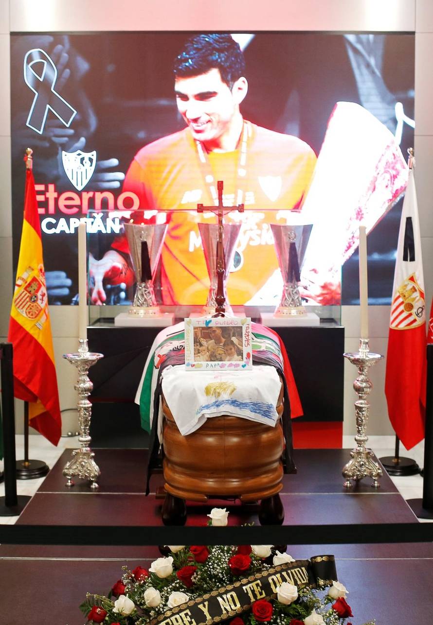 The coffin containing the body of Spanish footballer Spanish footballer Reyes is seen during his wake in Seville