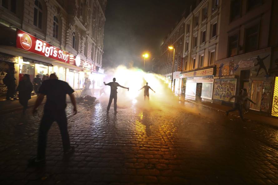 Riot police uses water cannons against protesters during demonstrations at the G20 summit in Hamburg