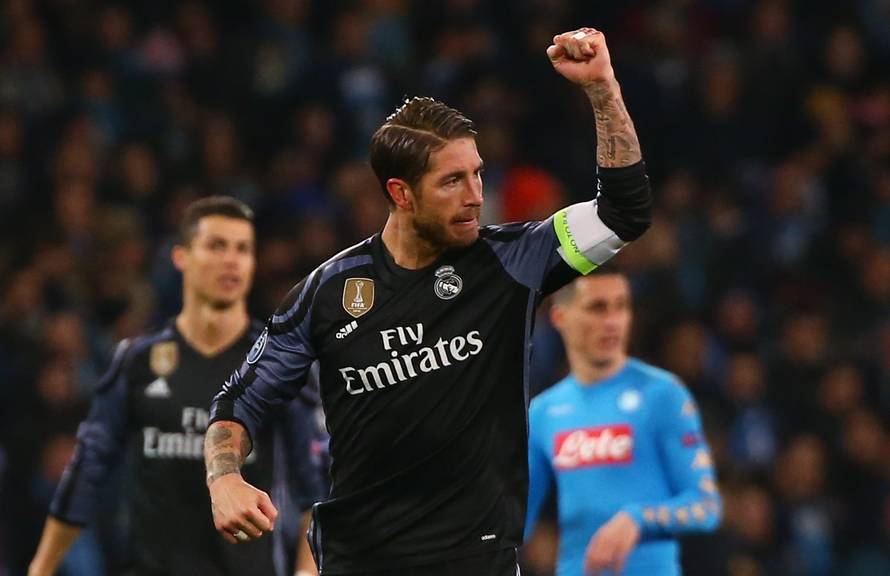 Real Madrid's Sergio Ramos celebrates scoring their first goal