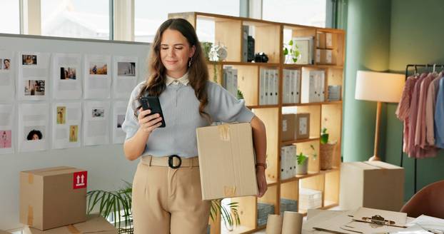 Phone,,Woman,And,Package,For,Delivery,Of,Small,Business,Of