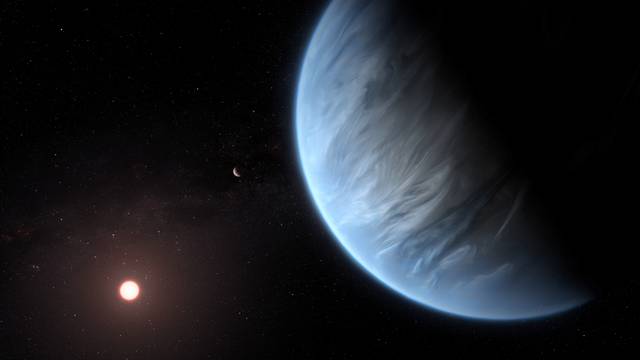 An artist's impression shows the planet K2-18b, its host star and an accompanying planet