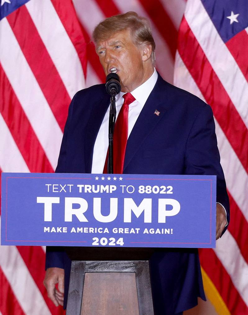 Former U.S. President Donald Trump makes an announcement at his Mar-a-Lago estate in Palm Beach