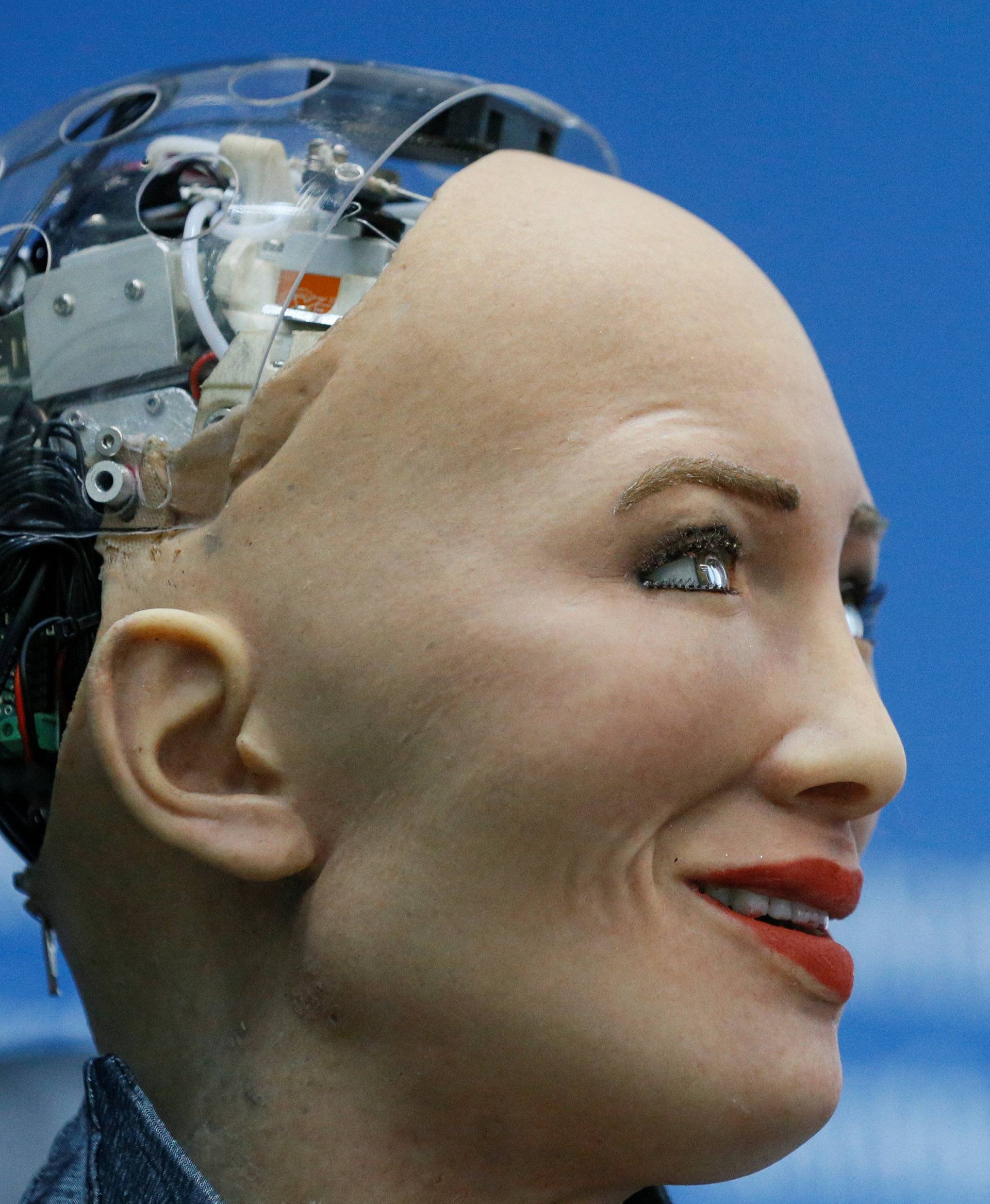 Social humanoid robot Sophia attends a news conference in Kiev