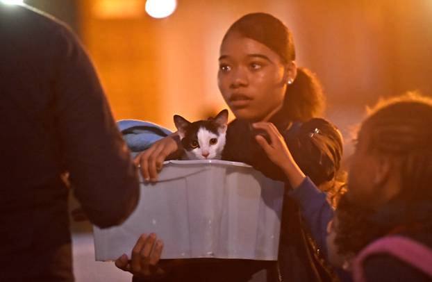 A resident and a cat are evacuated from the Taplow Tower residential block as a precautionary measure following concerns over the type of cladding used on the outside of the building on the Chalcots Estate in north London