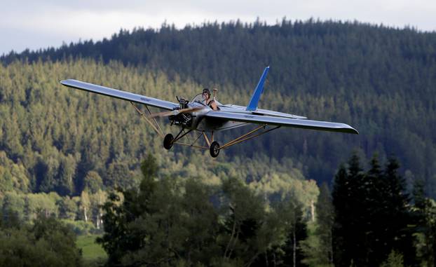 Aviator Frantisek Hadrava pilots Vampira, an ultralight plane based on the U.S.-design of light planes called Mini-Max, near the village of Zdikov