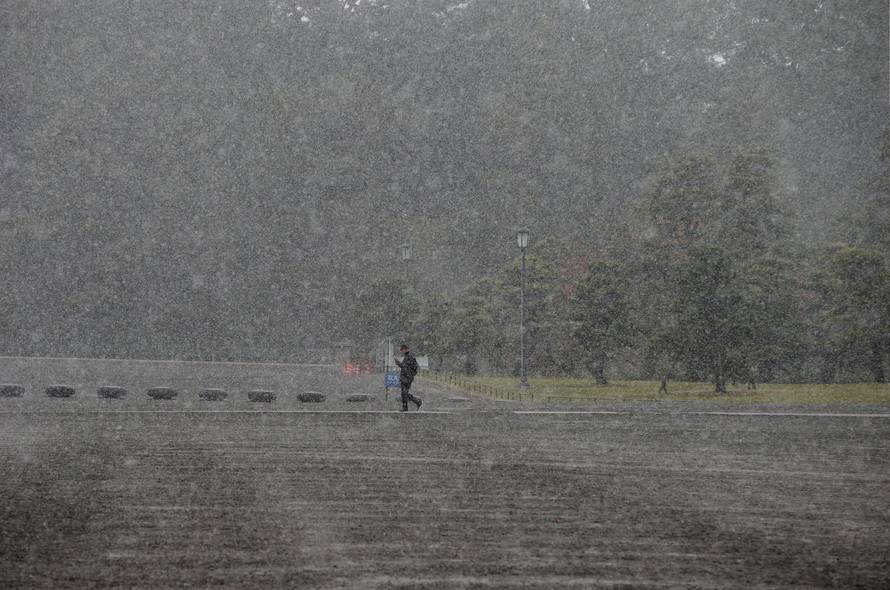 A man walks during the first November snowfall in 54 years in Tokyo, at the Imperial Palace in Tokyo