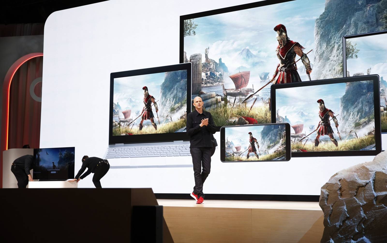 Google vice president and general manager Phil Harrison speaks during a Google keynote address announcing a new video gaming streaming service named Stadia at the Gaming Developers Conference in San Francisco