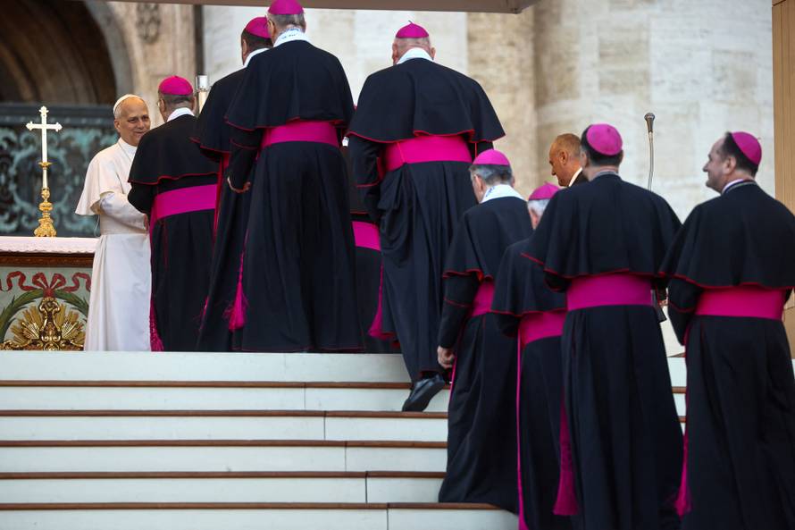 Pope Leo XIV greets bishops ahead of a Holy Mass presided over by Metropolitan Archbishop of Zagreb Drazen Kutlesa, at the Vatican