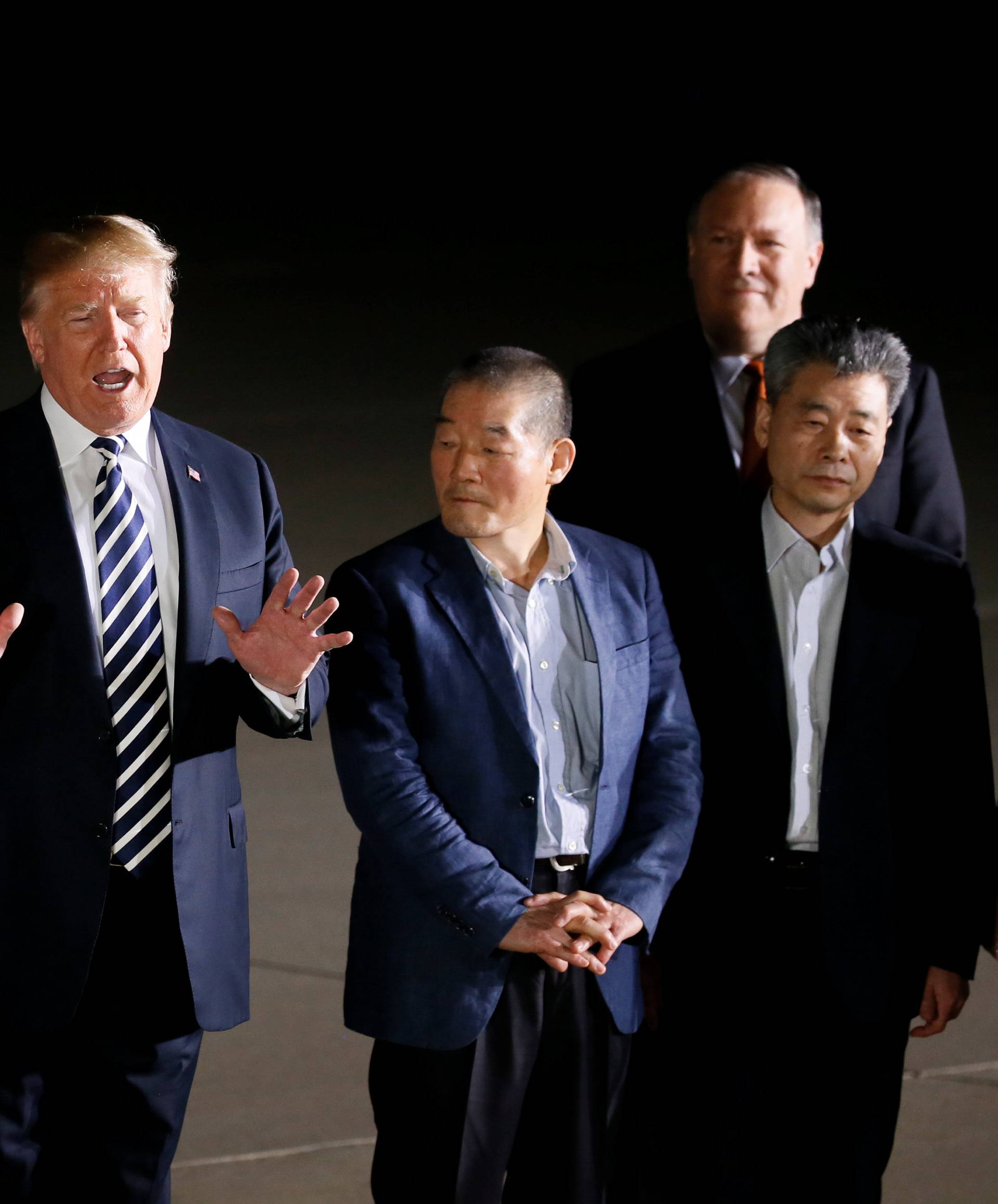 U.S.President Donald Trump speaks to the media as he meets the three Americans released from detention in North Korea upon their arrival at Joint Base Andrews