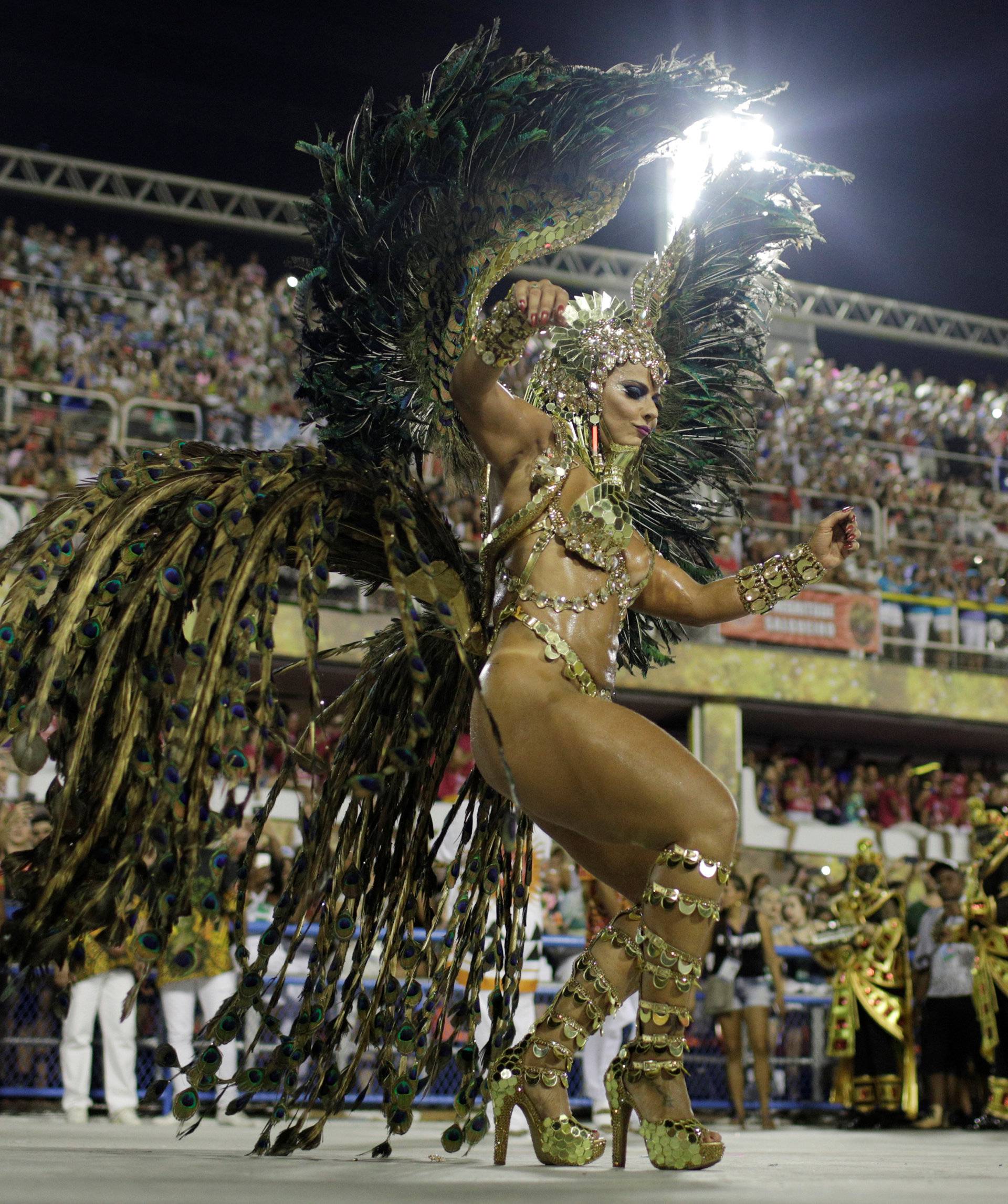 Drum queen Viviane Araujo from Salgueiro performs during the second night of the Carnival parade at the Sambadrome in Rio de Janeiro