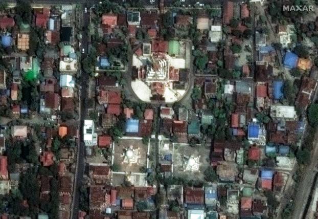 A satellite image shows the Ananda and Pindaya pagodas in Mandalay