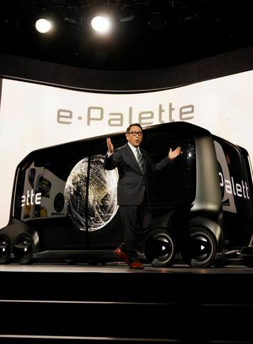 Akio Toyoda, president of Toyota Motor Corporation, announces the "e-Pallete", a new fully self-driving electric concept vehicle, in Las Vegas