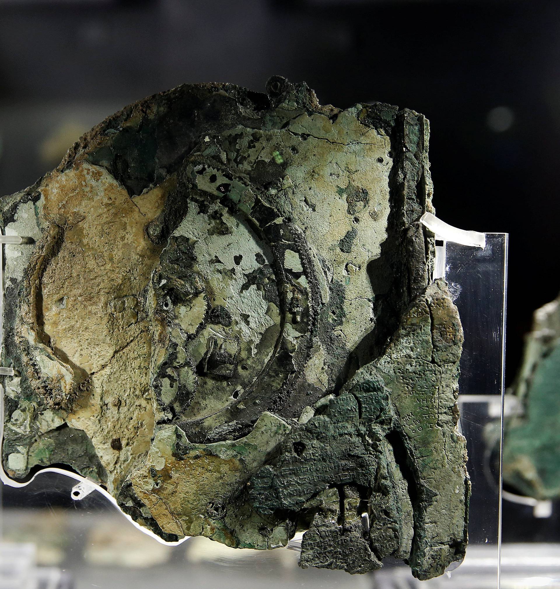Fragments of the ancient Antikythera Mechanism are displayed at the National Archaeological Museum in Athens
