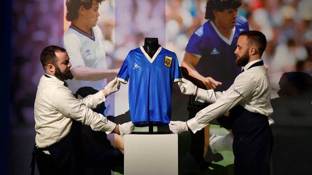 Shirt worn by Argentinian soccer player Maradona is displayed ahead of auction by Sotheby's, in London