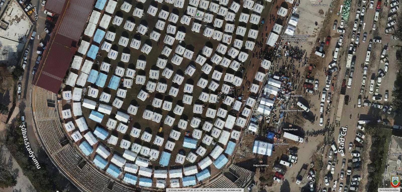 Composite satellite image shows AFAD temporary shelter tents in Kahramanmaras