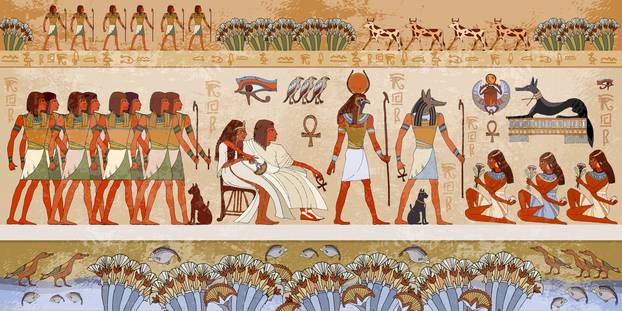 Egyptian gods and pharaohs. Ancient Egypt scene, mythology. Hieroglyphic carvings on the exterior walls of an ancient temple. Murals ancient Egypt.