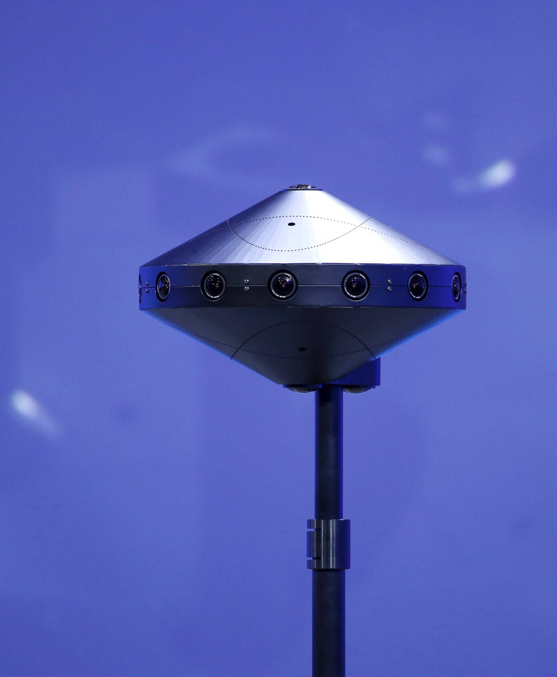 A Facebook Surround 360 virtual reality camera is seen  on stage during the Facebook F8 conference in San Francisco, California