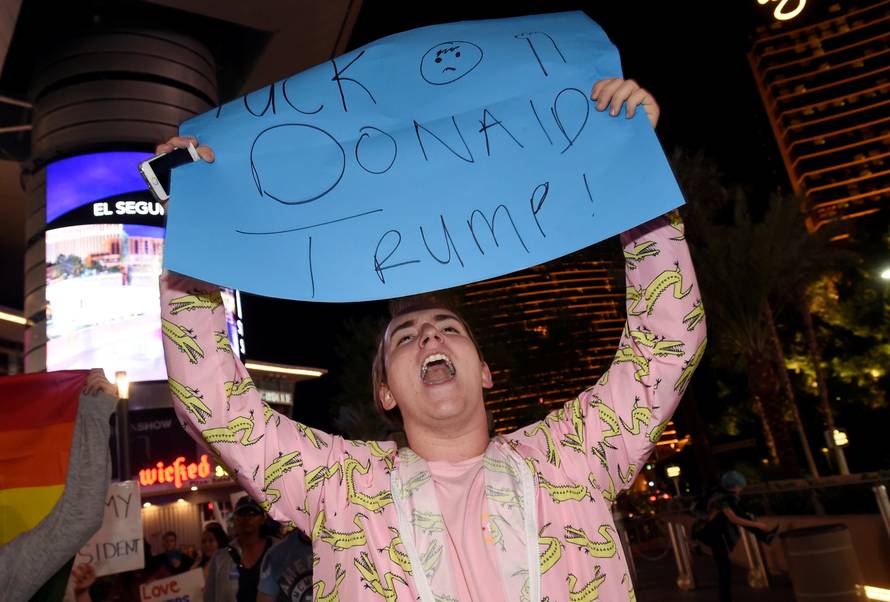 Alexander Kostas of Las Vegas chants during a protest march against the election of Republican Donald Trump as President of the United States, along the Las Vegas Strip in Las Vegas