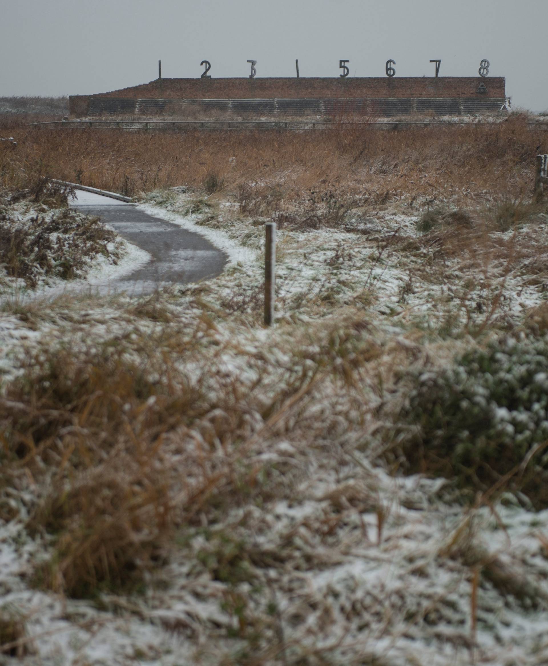 General view of a Ex M.O.D. WW1 and WW2 firing range in the snow. Now managed by the RSPB