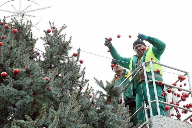 Sisak: Ukrašavanje božićnog drveta u središtu grada