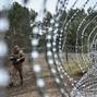 A member of the Ukrainian State Border Guard Service patrols along the Ukraine-Belarus border in Chernihiv region