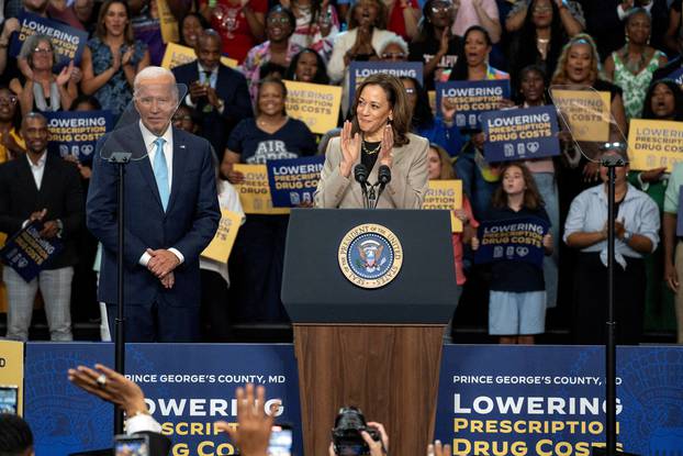 FILE PHOTO: U.S. President Joe Biden and Vice President Kamala Harris speak in Maryland