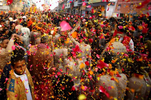 The arrival of the members of an akhara or sect of sadhus for the upcoming "Maha Kumbh Mela" in Prayagraj