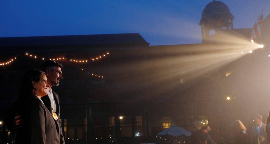 Former tennis players Conchita Martinez of Spain and Goran Ivanisevic of Croatia pose for photographs in Newport