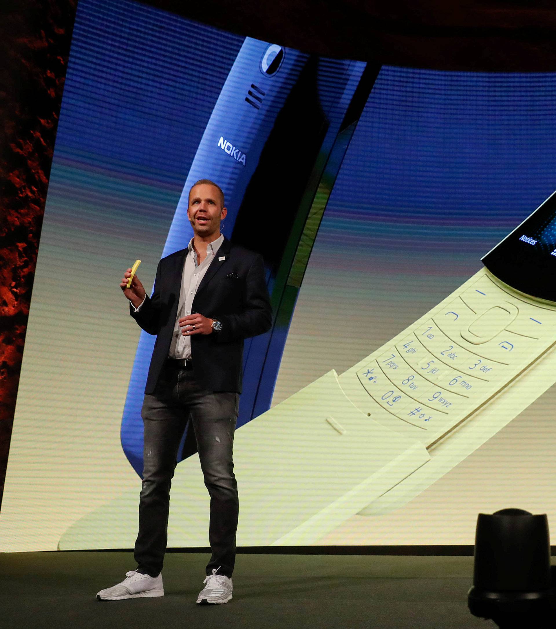 HMD Global Product Officer Sarvikas presents the new Nokia 8110 during the Mobile World Congress in Barcelona