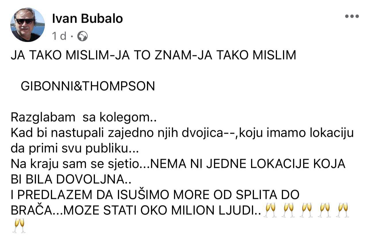 Estradni menadžer bi za koncert Gibonnija i Thompsona 'isušio' more: 'Oni bi okupili milijune'