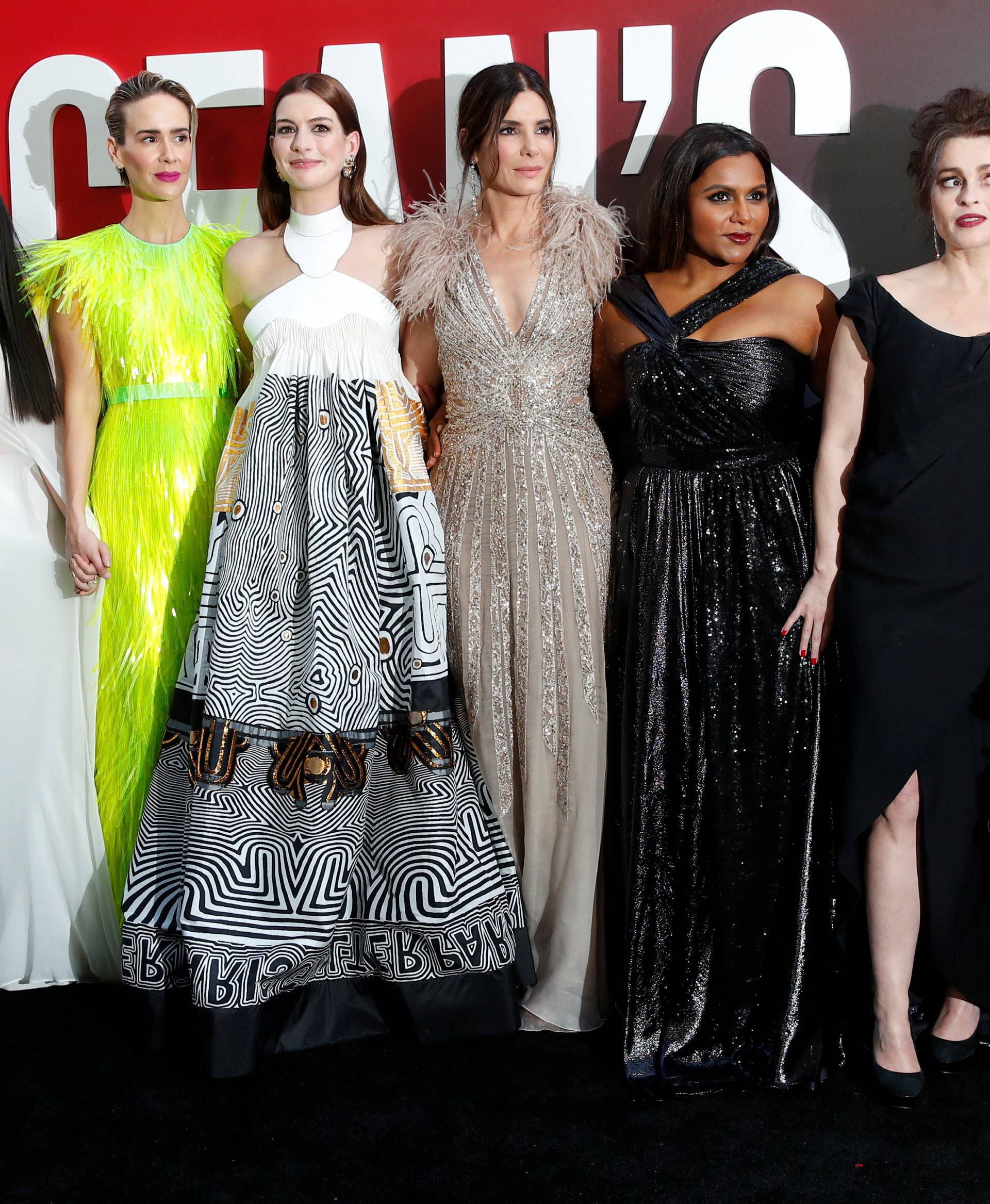 Cast members Blanchett, Awkwafina, Paulson, Hathaway, Bullock, Kaling, Bonham Carter and Rihanna pose at the world premiere of the film "Ocean's 8" at Alice Tully Hall in New York City