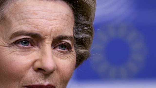 European Commission President Ursula von der Leyen gives a press conference at the European headquarters in Brussel