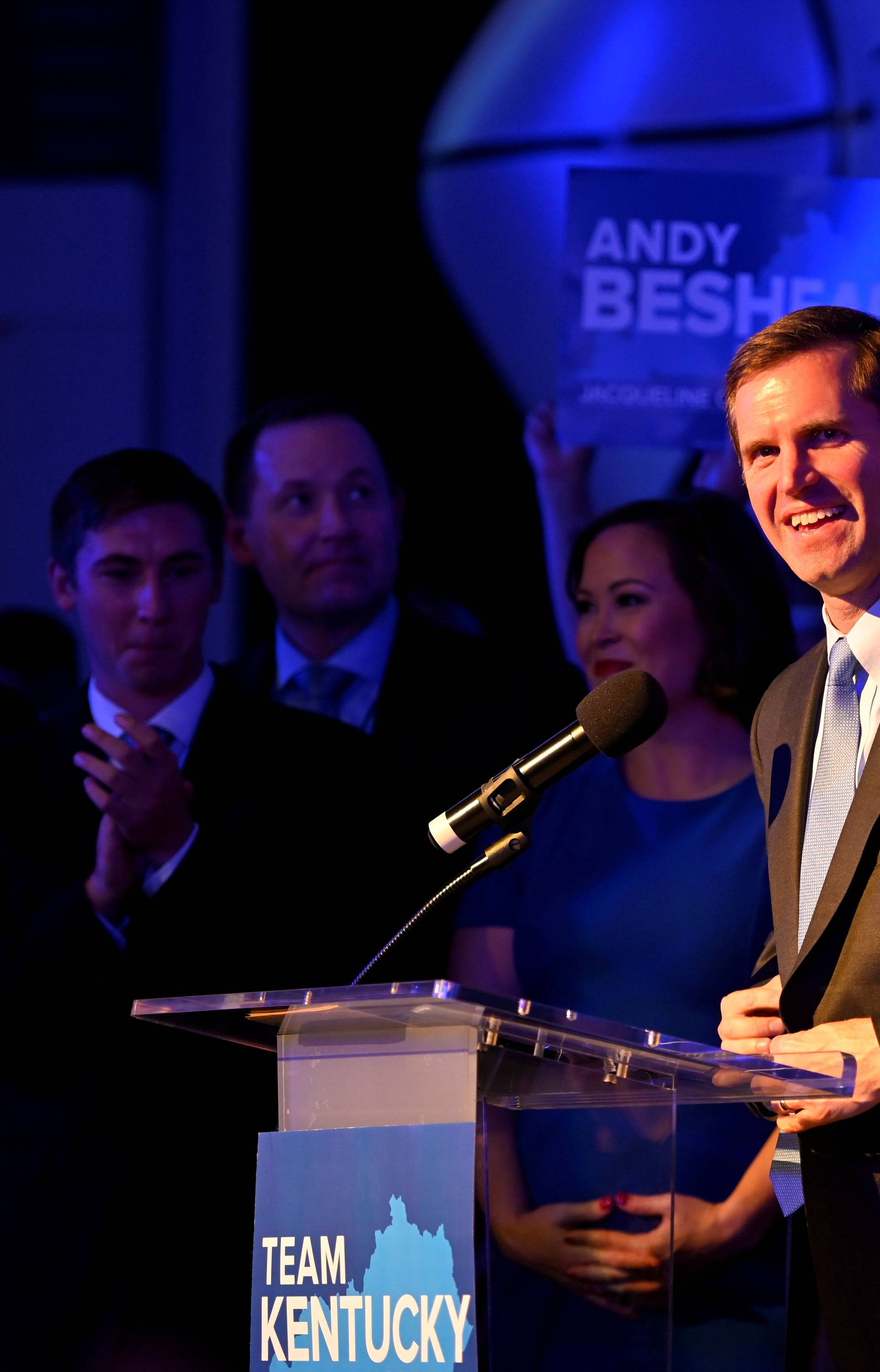 Kentucky's Attorney General Andy Beshear reacts to election results in Louisville
