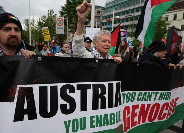 People attend a protest against Israel's participation in the Eurovision Song Contest, in Vienna