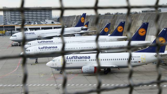 Planes stand on the tarmac during a pilots strike of German airline Lufthansa at Frankfurt airport
