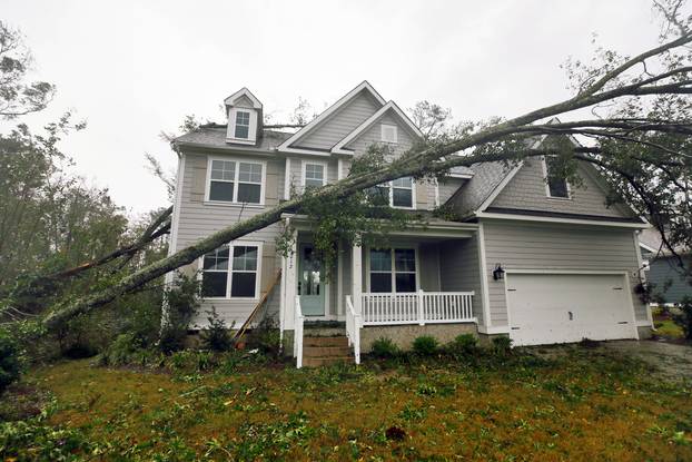 A tree rests on a newly-constructed house after Hurricane Florence struck in Belville, North Carolina