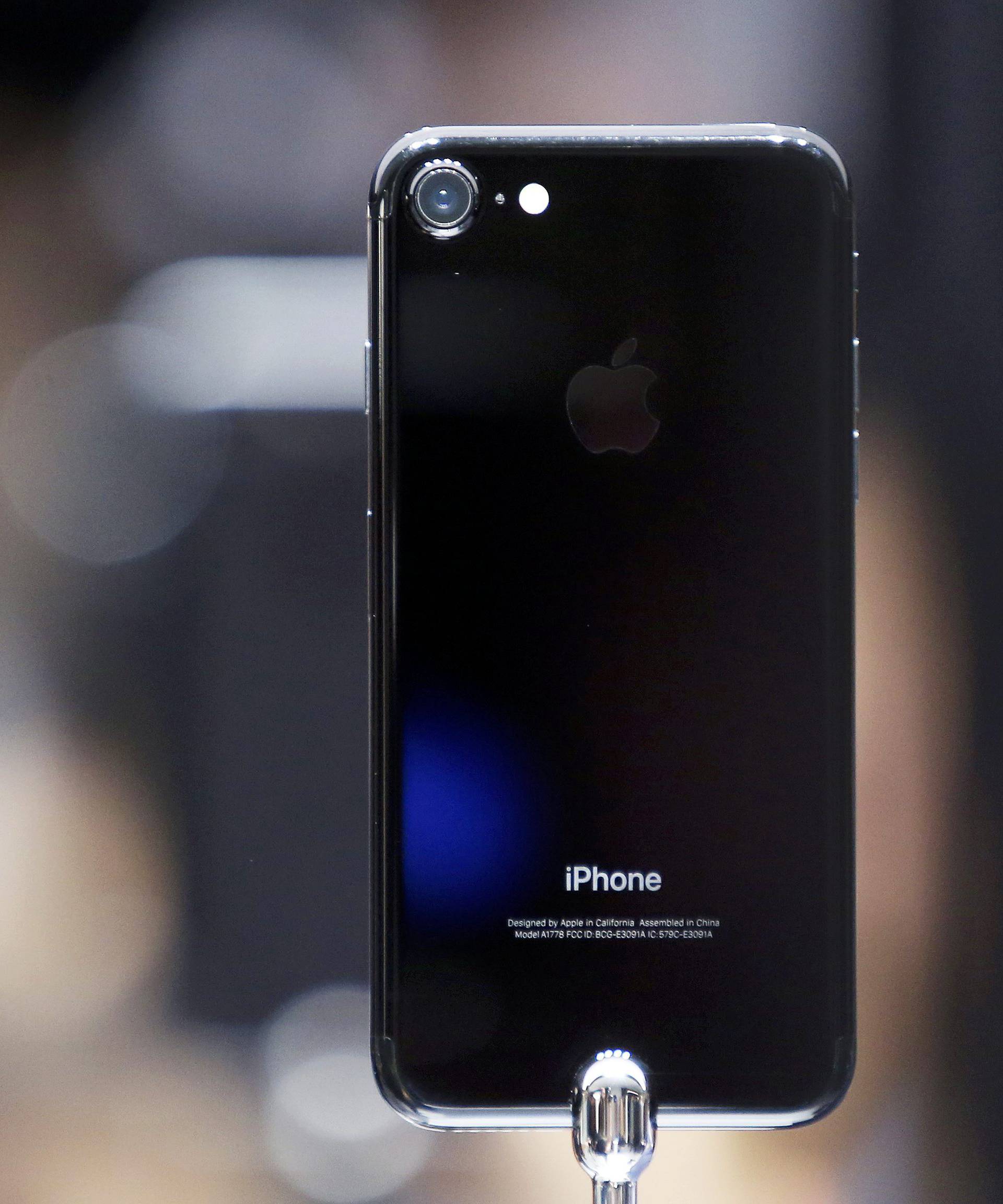 The iPhone 7 is shown on display during an Apple media event in San Francisco