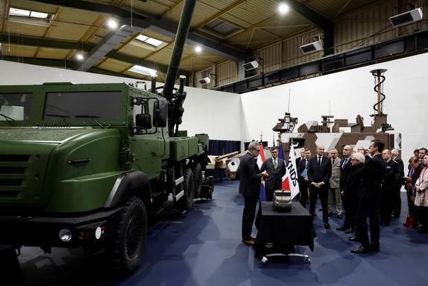 French Defence Minister Vautrin and Croatia's Defence Minister Anusic visit the French-German military defence system supplier KNDS in Versailles