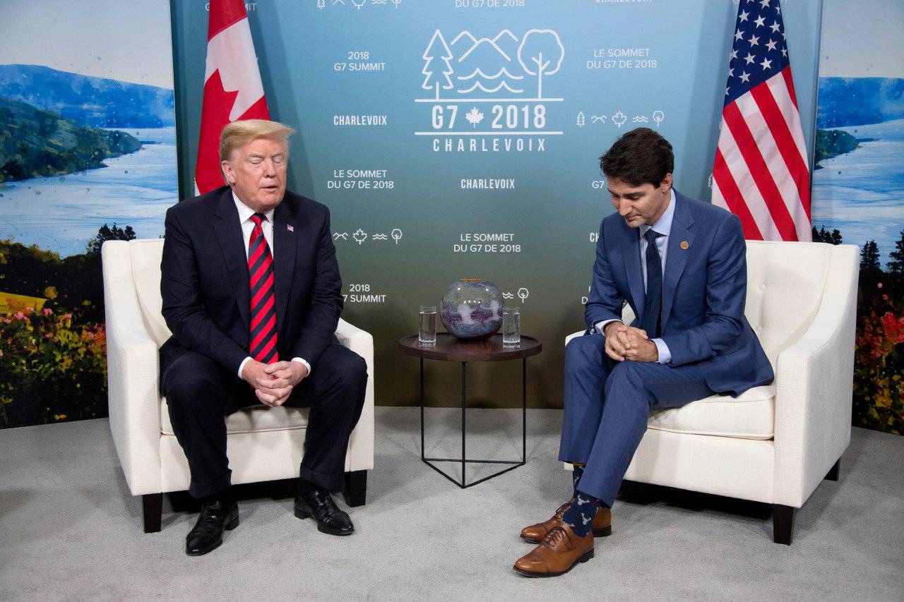 Canada's Prime Minister Justin Trudeau meets with U.S. President Donald Trump during the G7 Summit in the Charlevoix town of La Malbaie, Quebec