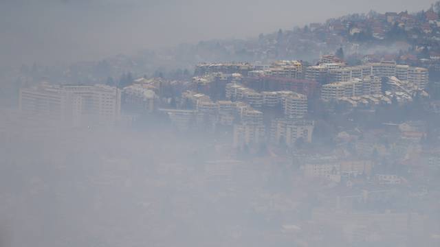 General view of the city as smog blankets Sarajevo