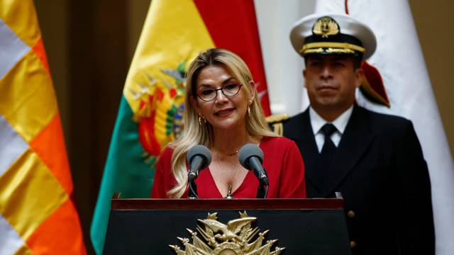 Bolivia's interim president Jeanine Anez speaks during a ceremony at the presidential palace in La Paz